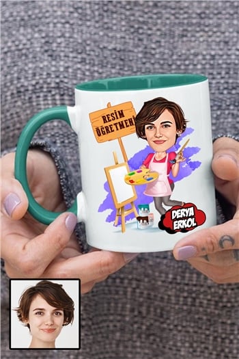 Kadın Resim Öğretmenine Özel Hediye Karikatürlü İçi Renkli Kupa Bardak