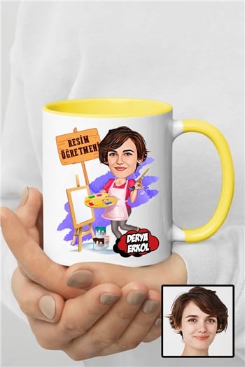 Kadın Resim Öğretmenine Özel Hediye Karikatürlü İçi Renkli Kupa Bardak