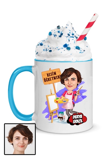 Kadın Resim Öğretmenine Özel Hediye Karikatürlü İçi Renkli Kupa Bardak