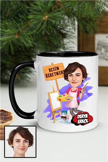 Kadın Resim Öğretmenine Özel Hediye Karikatürlü İçi Renkli Kupa Bardak