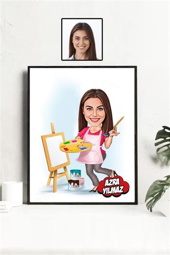 Kadın Ressama Hediye Kişiye Özel Ressam Karikatürlü Hediyelik Çerçeve