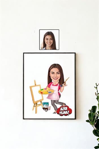 Kadın Ressama Hediye Kişiye Özel Ressam Karikatürlü Hediyelik Çerçeve