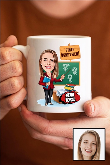 Kadın Sınıf Öğretmenine Hediye Karikatürlü Beyaz Kupa Bardak