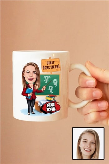 Kadın Sınıf Öğretmenine Hediye Karikatürlü Beyaz Kupa Bardak