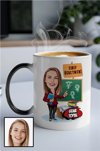 Kadın Sınıf Öğretmenine Kişiye Özel Hediye Karikatürlü Sihirli Kupa Bardak