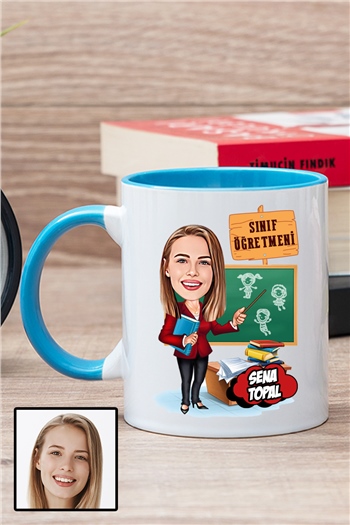 Kadın Sınıf Öğretmenine Özel Hediye Karikatürlü İçi Renkli Kupa Bardak