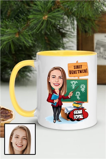 Kadın Sınıf Öğretmenine Özel Hediye Karikatürlü İçi Renkli Kupa Bardak