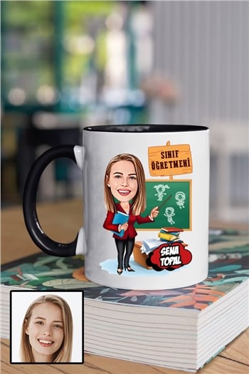 Kadın Sınıf Öğretmenine Özel Hediye Karikatürlü İçi Renkli Kupa Bardak