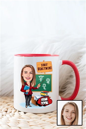 Kadın Sınıf Öğretmenine Özel Hediye Karikatürlü İçi Renkli Kupa Bardak