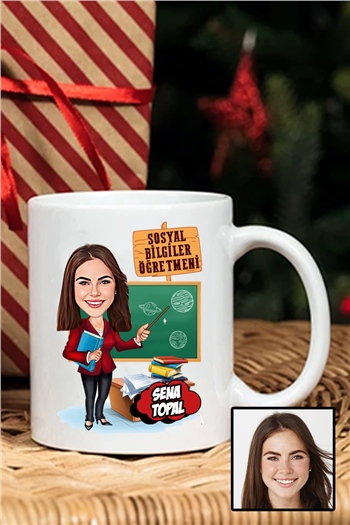 Kadın Sosyal Bilgiler Öğretmenine Hediye Karikatürlü Beyaz Kupa Bardak