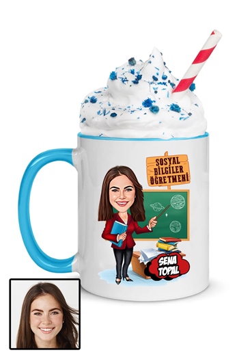 Kadın Sosyal Bilgiler Öğretmenine Özel Hediye Karikatürlü İçi Renkli Kupa Bardak
