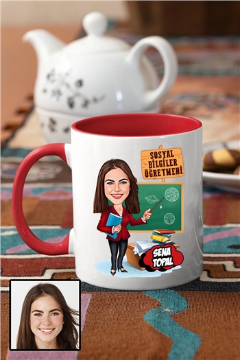 Kadın Sosyal Bilgiler Öğretmenine Özel Hediye Karikatürlü İçi Renkli Kupa Bardak