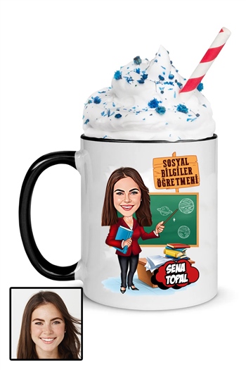Kadın Sosyal Bilgiler Öğretmenine Özel Hediye Karikatürlü İçi Renkli Kupa Bardak