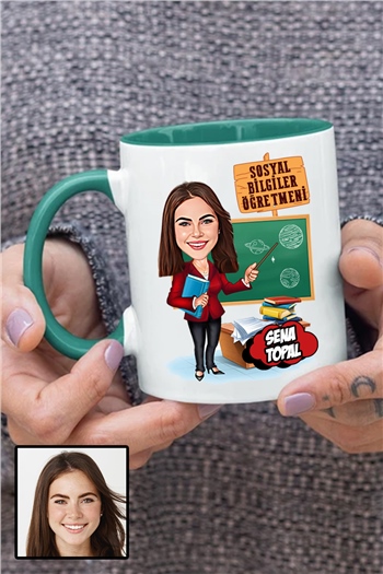 Kadın Sosyal Bilgiler Öğretmenine Özel Hediye Karikatürlü İçi Renkli Kupa Bardak