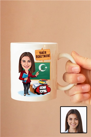 Kadın Tarih Öğretmenine Hediye Karikatürlü Beyaz Kupa Bardak