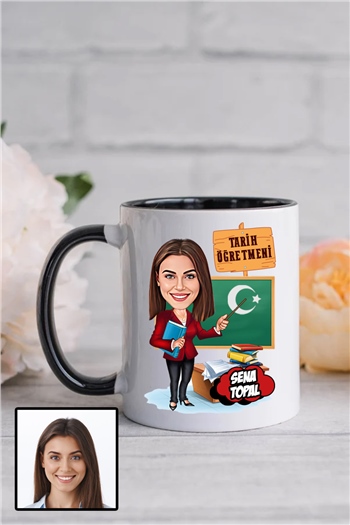 Kadın Tarih Öğretmenine Özel Hediye Karikatürlü İçi Renkli Kupa Bardak