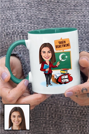 Kadın Tarih Öğretmenine Özel Hediye Karikatürlü İçi Renkli Kupa Bardak
