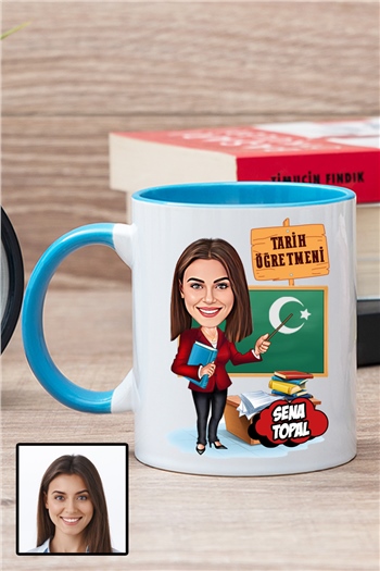 Kadın Tarih Öğretmenine Özel Hediye Karikatürlü İçi Renkli Kupa Bardak