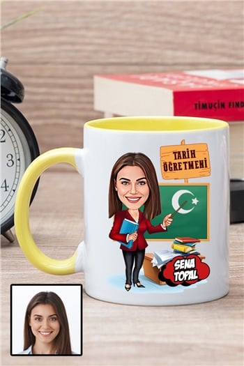 Kadın Tarih Öğretmenine Özel Hediye Karikatürlü İçi Renkli Kupa Bardak