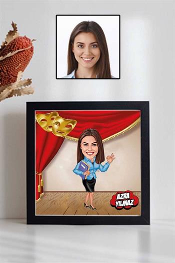 Kadın Tiyatrocuya Hediye Karikatürlü Kare Çerçeve