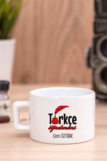 Kadın Türkçe Öğretmenine Hediye Kalp Kaşıklı Ahşap Altlıklı Fincan