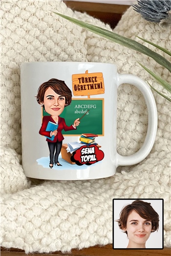 Kadın Türkçe Öğretmenine Hediye Karikatürlü Beyaz Kupa Bardak