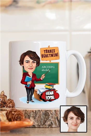Kadın Türkçe Öğretmenine Hediye Karikatürlü Beyaz Kupa Bardak