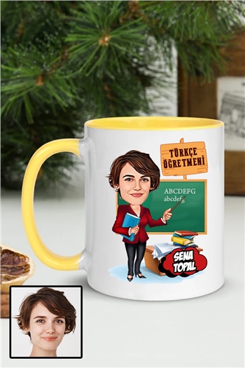 Kadın Türkçe Öğretmenine Özel Hediye Karikatürlü İçi Renkli Kupa Bardak