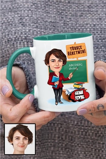 Kadın Türkçe Öğretmenine Özel Hediye Karikatürlü İçi Renkli Kupa Bardak