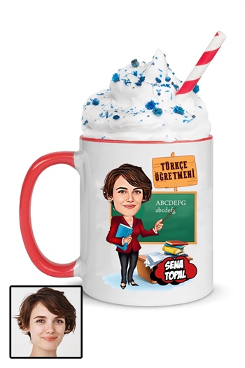 Kadın Türkçe Öğretmenine Özel Hediye Karikatürlü İçi Renkli Kupa Bardak