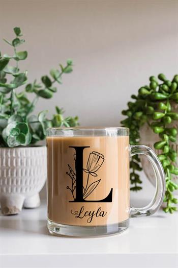 Kadına Hediye Baş Harfli Çiçek Tasarım Cam Kahve Kupası