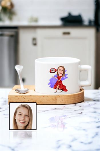 Kadına Özel Hediye Karikatürlü Ahşap Altlıklı Fincan