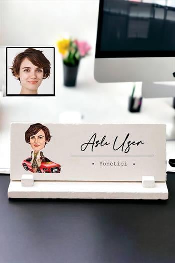 Kadına Yeni İş Hediyesi Karikatürlü Masa İsimliği