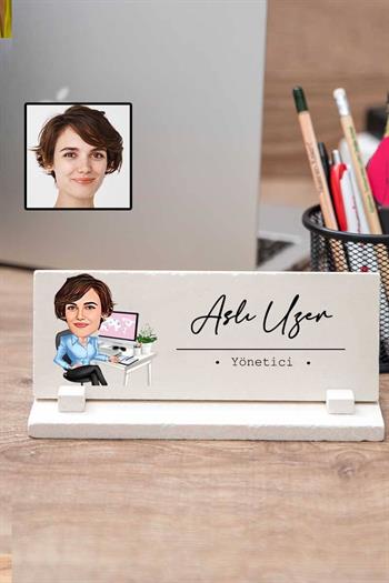 Kadına Yeni İş Tebrik Hediyesi Karikatürlü Masa İsimliği