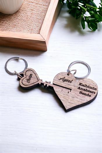 Sevgiliye Hediye Kalbimin Anahtarı Tasarım İkili Ahşap Anahtarlık
