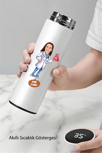 Kalp Doktoruna Hediye Dijital Sıcaklık Göstergeli Çelik Termos