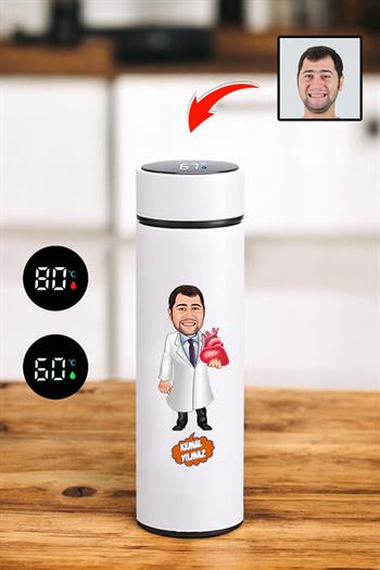 Kalp Doktoruna Hediye Dijital Sıcaklık Göstergeli Çelik Termos