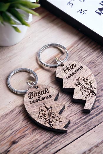 Kişiye Özel İsim ve Tarih Yazılı Kalplerin Birleşmesi Çift Anahtarlığı