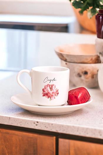 Kişiye Özel Anneler Günü Hediyesi Pembe Çiçekli Porselen Türk Kahvesi Fincanı