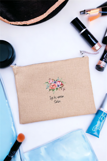 Kişiye Özel Çiçek Buketi İsimli Keten Bez El Çantası