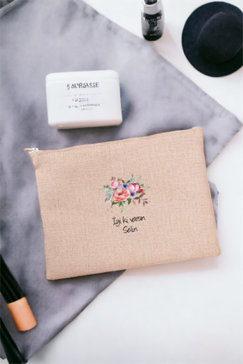 Kişiye Özel Çiçek Buketi İsimli Keten Bez El Çantası