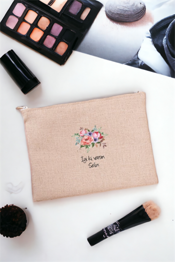 Kişiye Özel Çiçek Buketi İsimli Keten Bez El Çantası