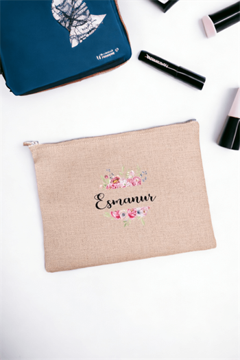 Kişiye Özel Çiçek Çerçeveli İsimli Keten Bez El Çantası