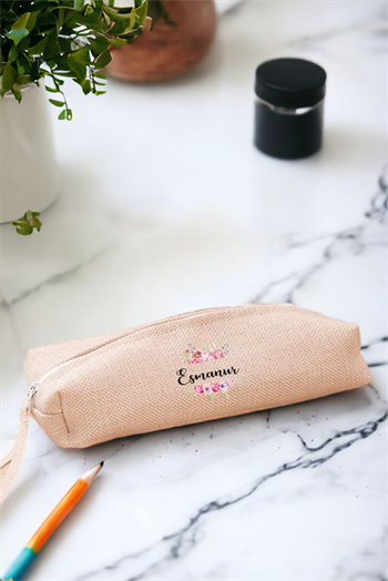 Kişiye Özel Çiçek Çerçeveli İsimli Keten Bez Kalemlik