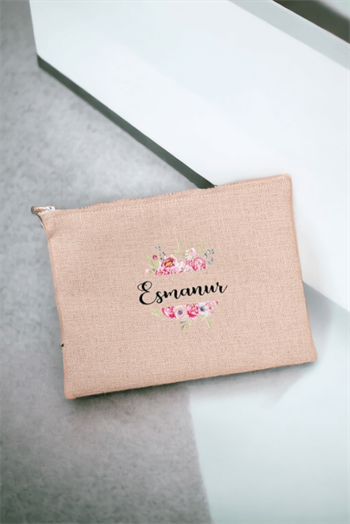 Kişiye Özel Çiçek Çerçeveli İsimli Keten Bez El Çantası