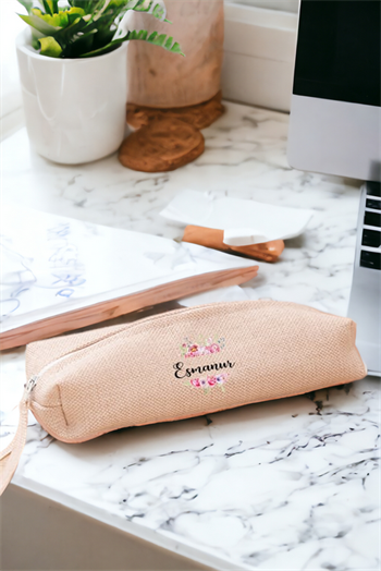 Kişiye Özel Çiçek Çerçeveli İsimli Keten Bez Kalemlik