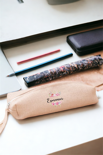 Kişiye Özel Çiçek Çerçeveli İsimli Keten Bez Kalemlik