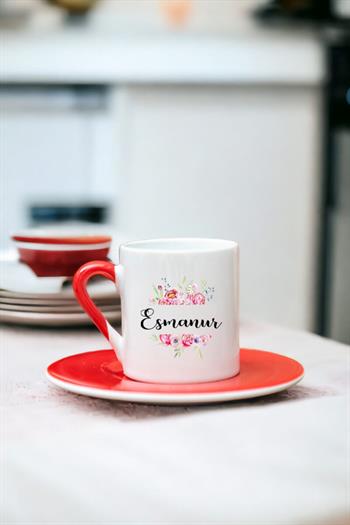 Kişiye Özel Çiçek Çerçeveli İsimli Renkli Türk Kahvesi Fincanı