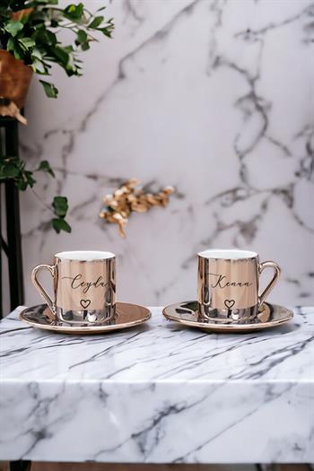 Kişiye Özel El Yazısı Tasarımlı İsimli Porselen İkili Gold - Silver Türk Kahvesi Fincanı