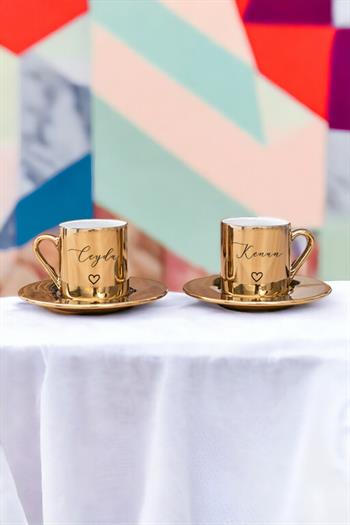 Kişiye Özel El Yazısı Tasarımlı İsimli Porselen İkili Gold - Silver Türk Kahvesi Fincanı